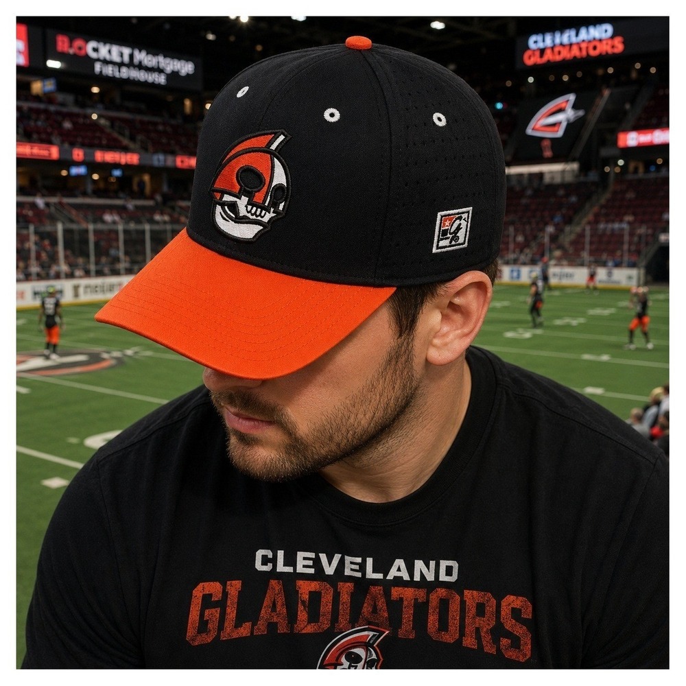 Cleveland Gladiators Hat The Game PRO A-Flex Stretch Skull Logo AFL Black Orange